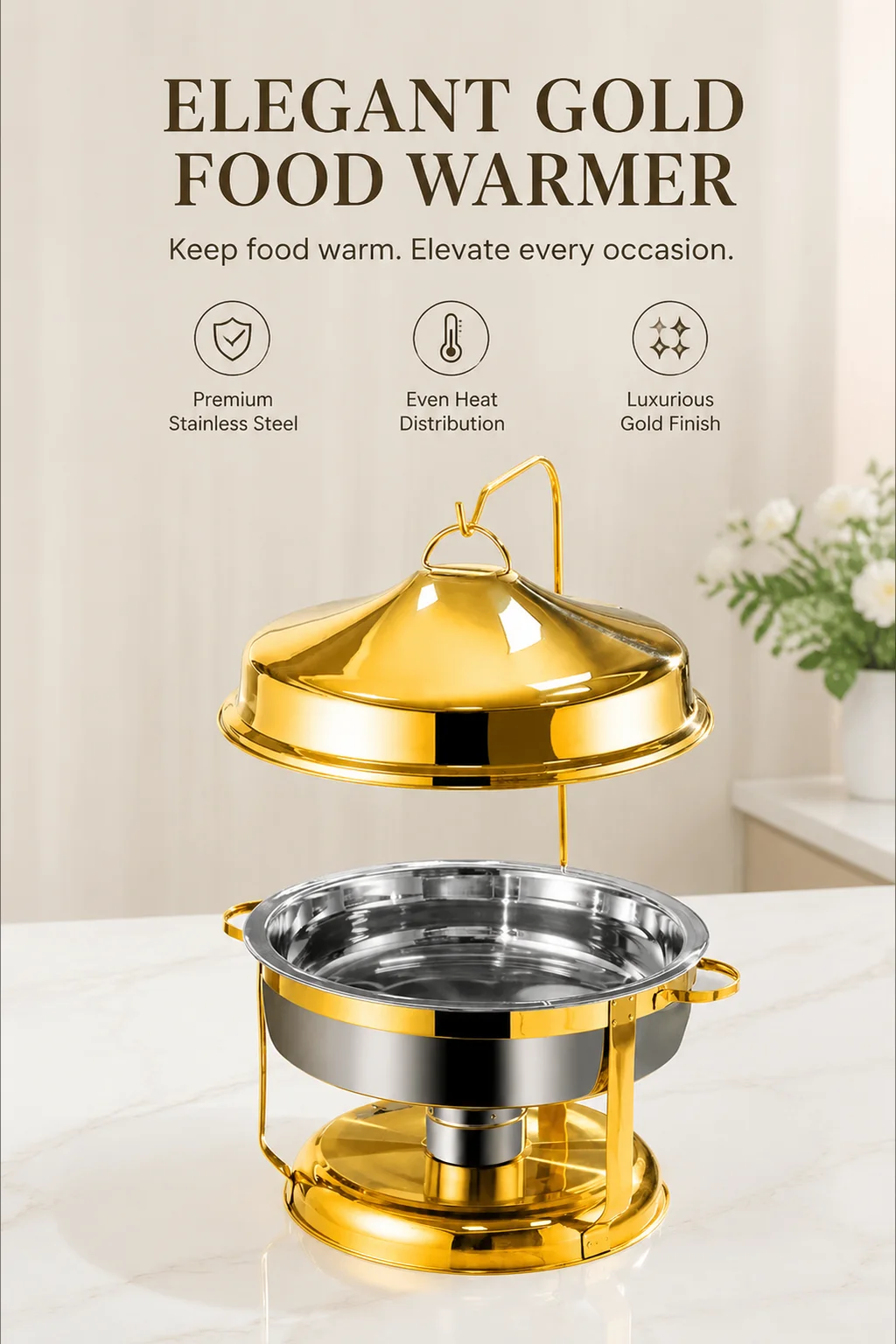 9L Stainless Steel Chafing Dish with Hinged Hanging Lid – Alcohol-Fueled Food Warmer for Catering and Buffet Service