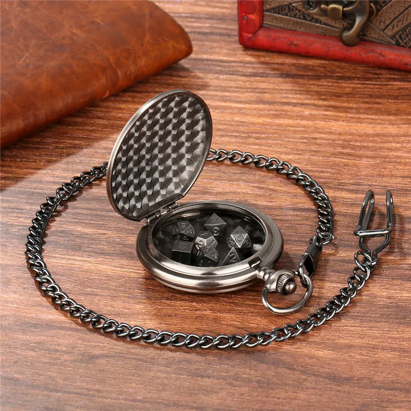 7pcs Tiny Metal Polyhedral Dice Set with Five Dragon Head Pocket Watch Case FOB Chain Entertainment Dices for Role Play Gaming