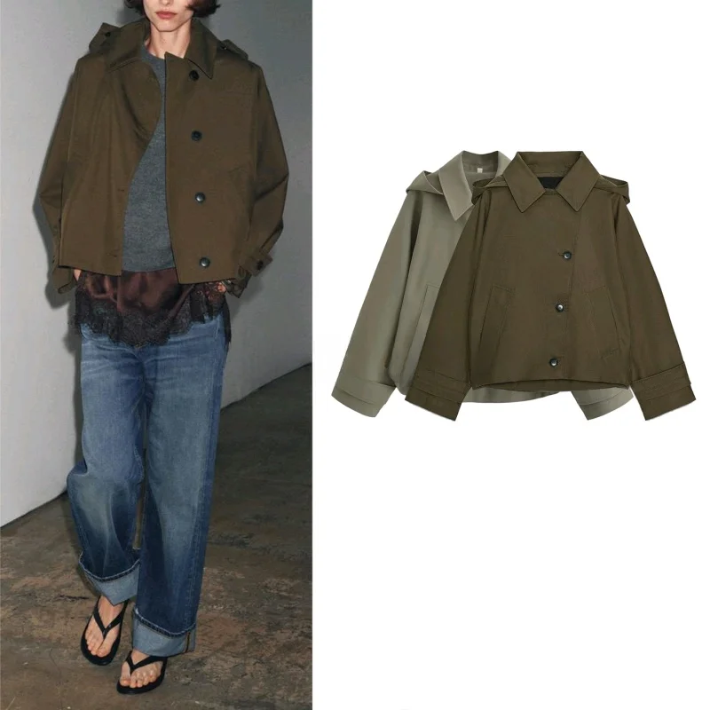 

New Autumn Women's ort Sle Single Button Flip Cover Collar Long Sve Windbreaker Simple Design Waterproof Batwing Coat