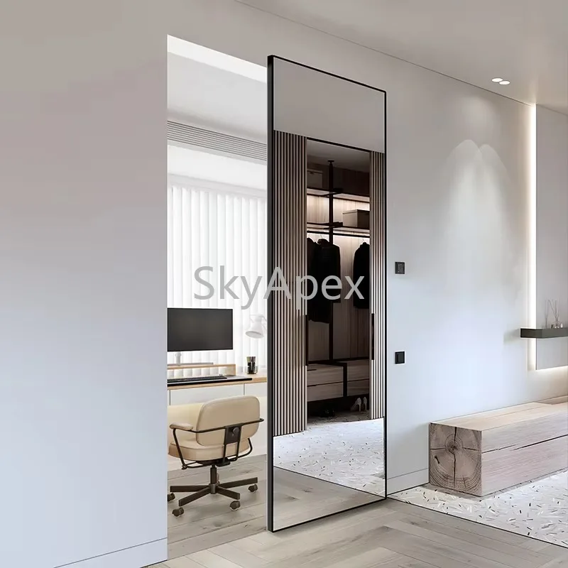 Custom Interior Modern Trackless Mirror Glass Sliding Ghost Barn Door Waterproof  Space Saving Easy Fit Bedroom Bathroom Kitchen
