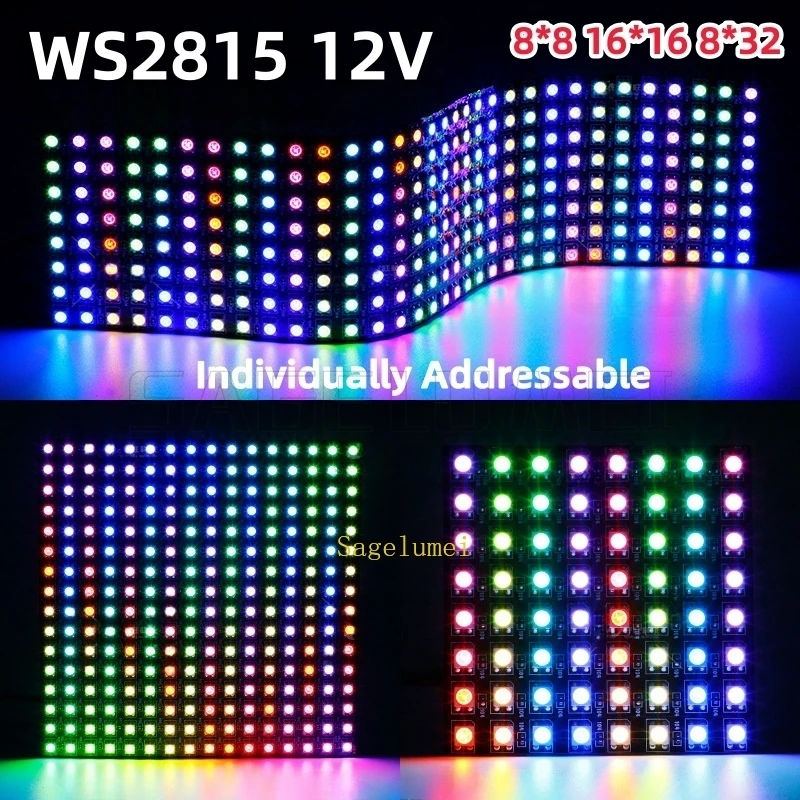 DC5V WS2812 12V 2815 Dual Signal Digital Flexible Individually Addressable Panel Light Strip 8x8 16x16 8x32 Module Matrix Screen