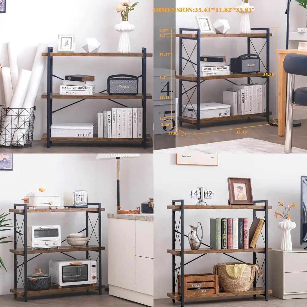 Industrial 3-Tier Rustic Bookshelf, Wooden and Metal Horizontal Shelving Unit