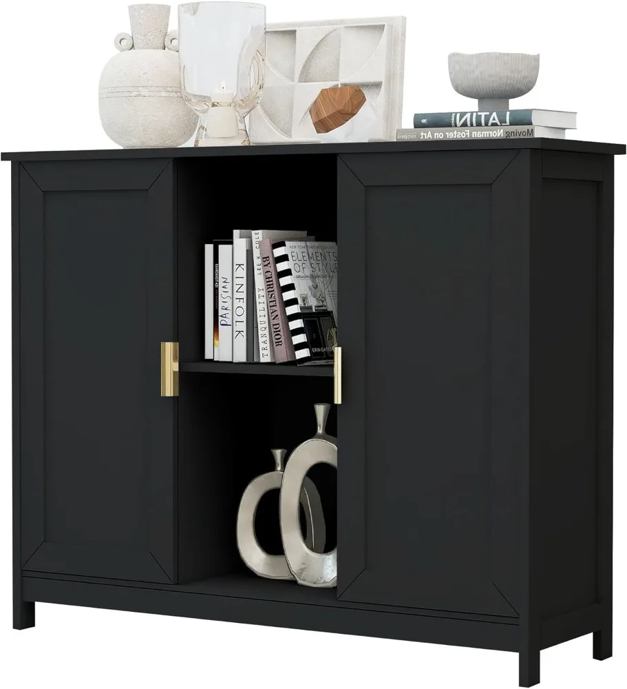 Taohfe Zwarte Opbergkast, Credenza Buffetkast Houten Koffiebarkast Buffettafel Zwart Dressoir Dunne Kast