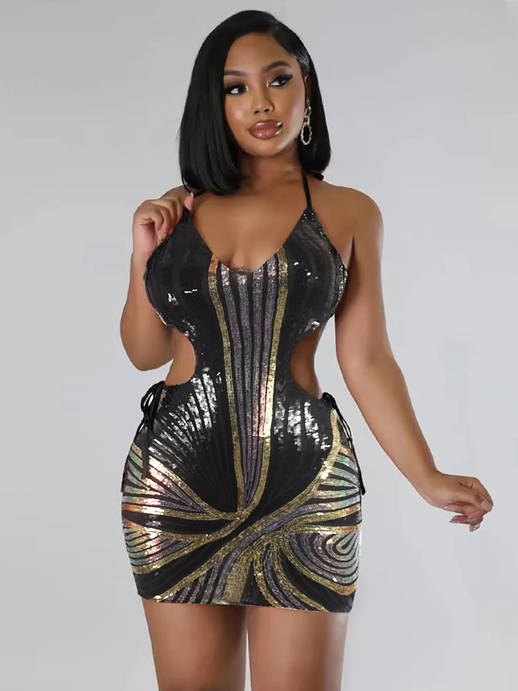 

Black Women's Sexy Shiny Sequins Off Back Nightclub Party Summer Hollow Back Strap Italian Noodle A-line Mini Luxury Dress