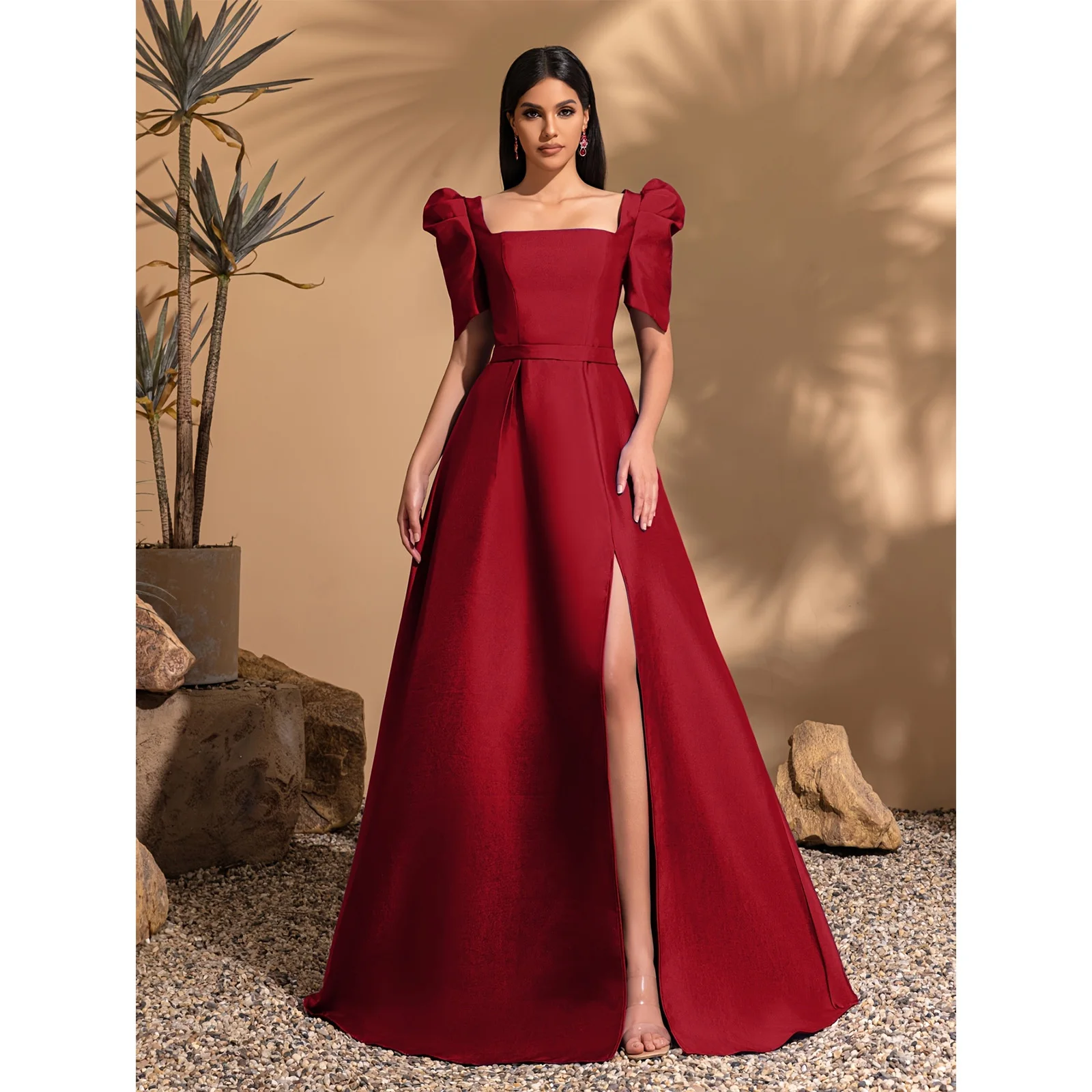 

Атласное платье принцессы с квадратным вырезом и рукавами принцессы, вечернее платье с плиссированной кружевной отделкой