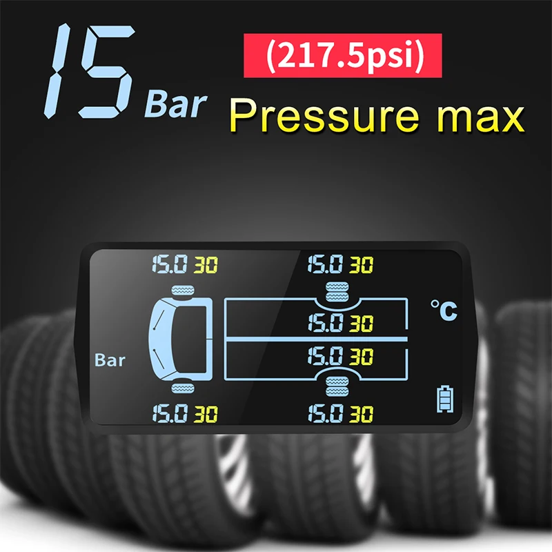 Truck Wireless Tire Pressure Monitor 6 External TPMS Sensors 15/8 Bar Temperature Alarm System LCD USB Solar Truck Dedicated