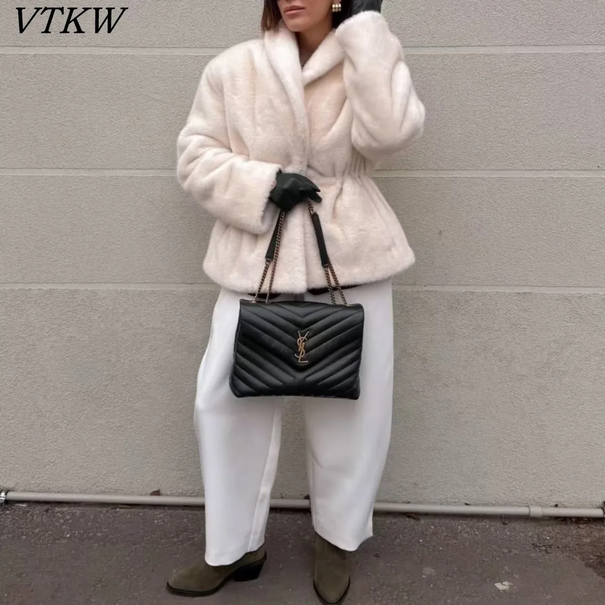 

VTKW женская куртка из искусственного меха, пальто, осень-зима, офисная миди, приталенный крой, премиум-дизайн, эластичный воротник с лацканами на талии, скрытые пуговицы