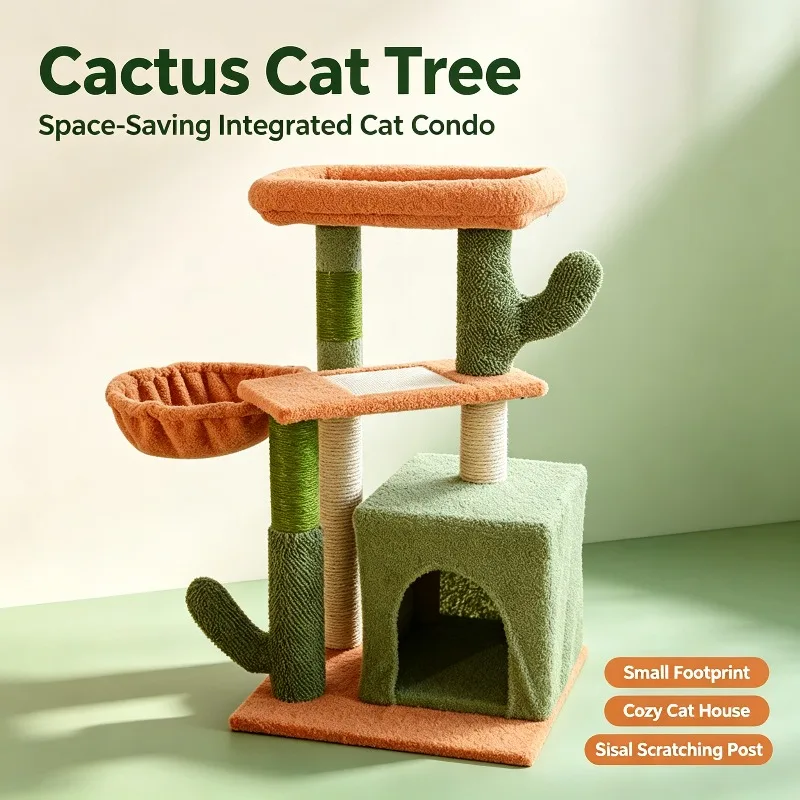 Cactus Cat Tree Space‑Saving Integrated Cat Condo Tower Multi‑Level Rest Play House for Indoor Cats