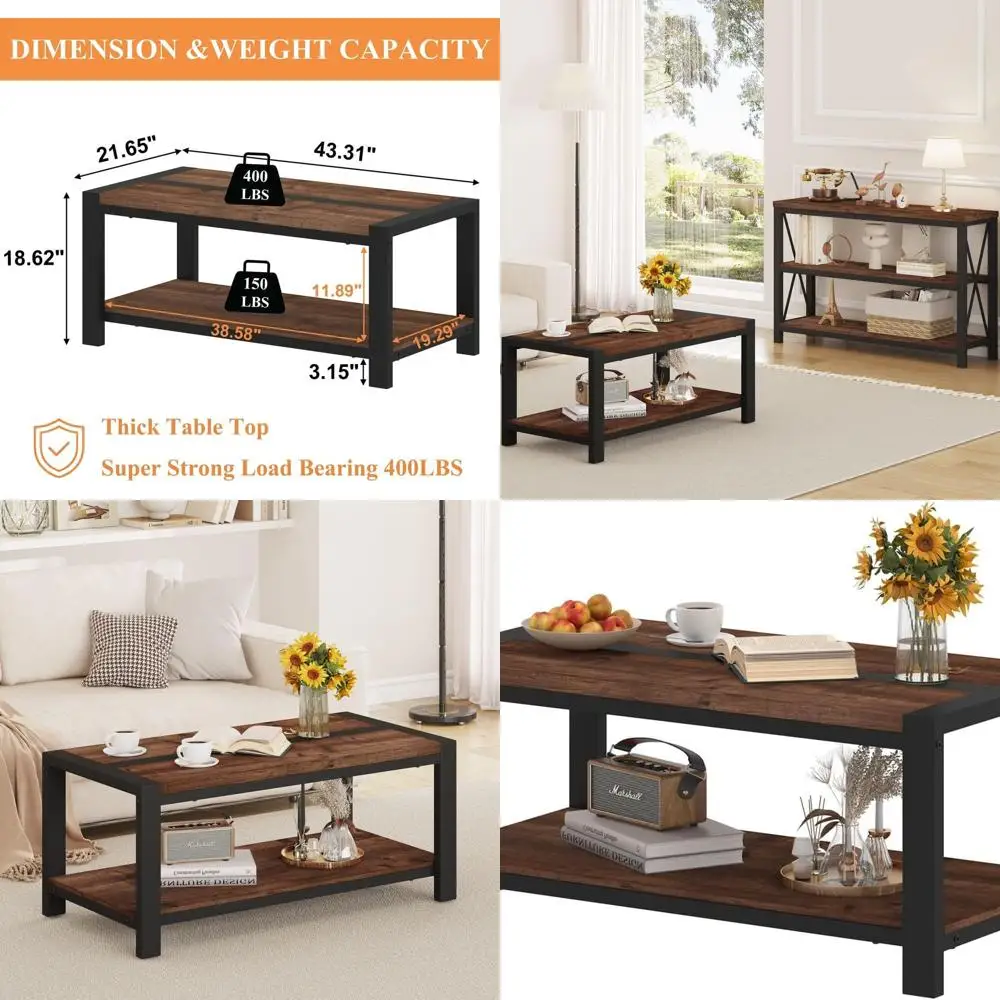 

Rustic Oak Industrial-Style Rectangular Coffee Table, 43 Farmhouse Living Room Centerpiece