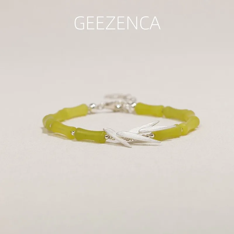 

GEEZENCA стерлингового серебра 925 пробы, зеленый камень, бамбуковый лист, браслет-цепочка, женские благоприятные очаровательные изящные уникальные этнические браслеты