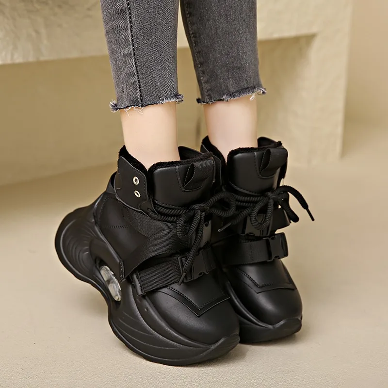 Chunky Platform Sneakers for Women 2024 New Winter Warm Fur Lace Up Vulcanized Shoes Woman 9.5CM High Heels Sports Leather Shoes