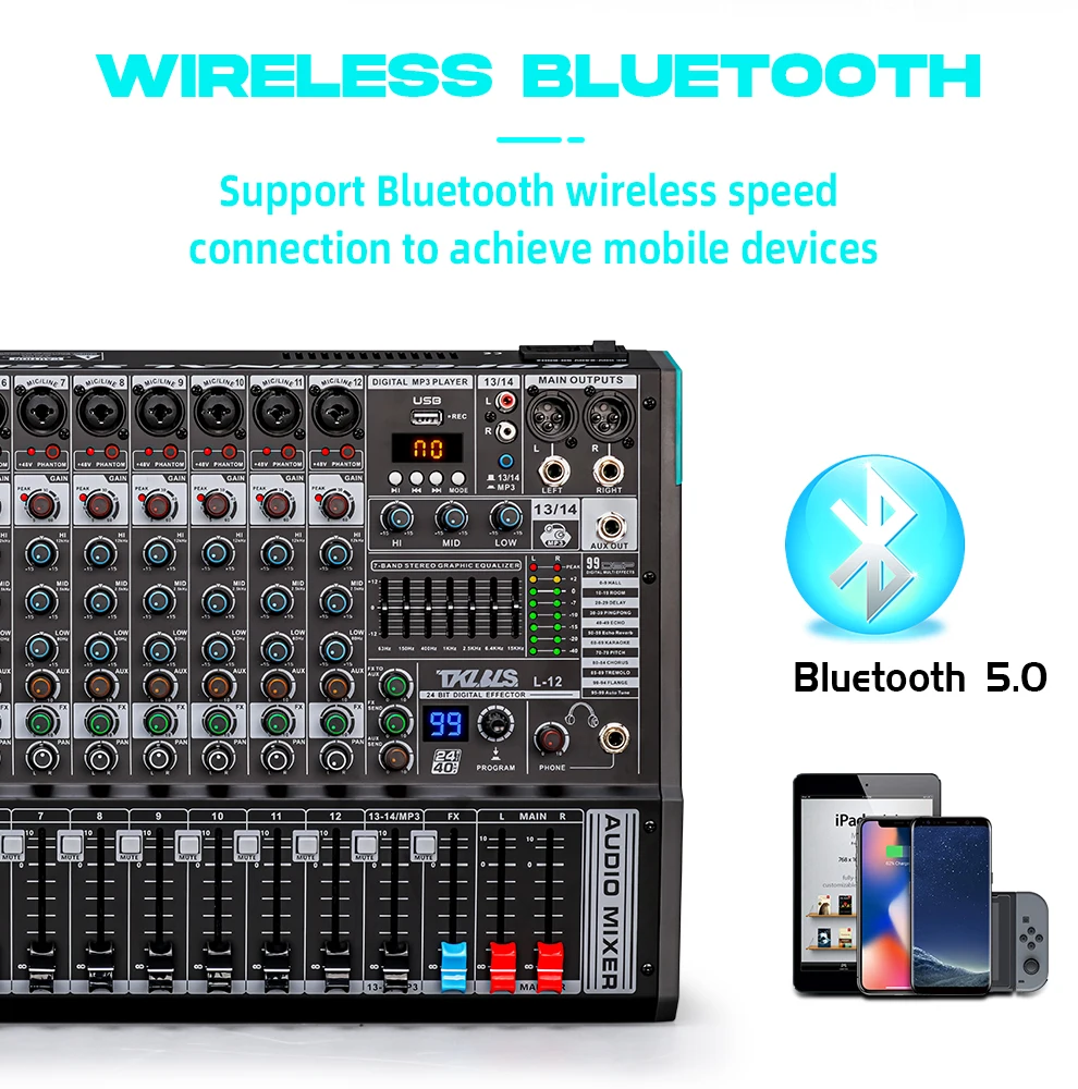 خلاط TKLBLS L12 احترافي 12 قناة USB DJ PC 99 DSP تأثير بلوتوث 48 فولت أداء الحفلات