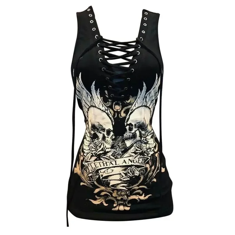 Dark Gothic Skull Print Tie Up Y2K Spicy Girl Slip Dress Summer New Fashion Slimming Tie Up Mid length Tank Top Women Clothing