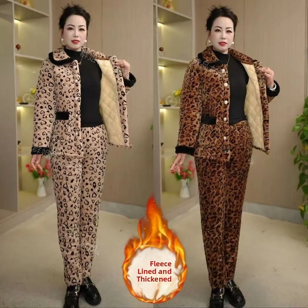 

Женский зимний комплект из двух предметов: утепленная куртка с леопардовым принтом и воротником из флиса, хлопковая, приталенная, для повседневной носки, длинная