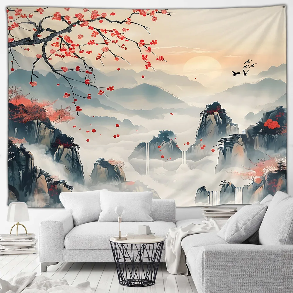 Asian Style Landscape Tapestry Nature Scenery Forest Waterfall Bedroom Living Room Home Wall Hanging Decor Natural Tapestry - Detail 1
