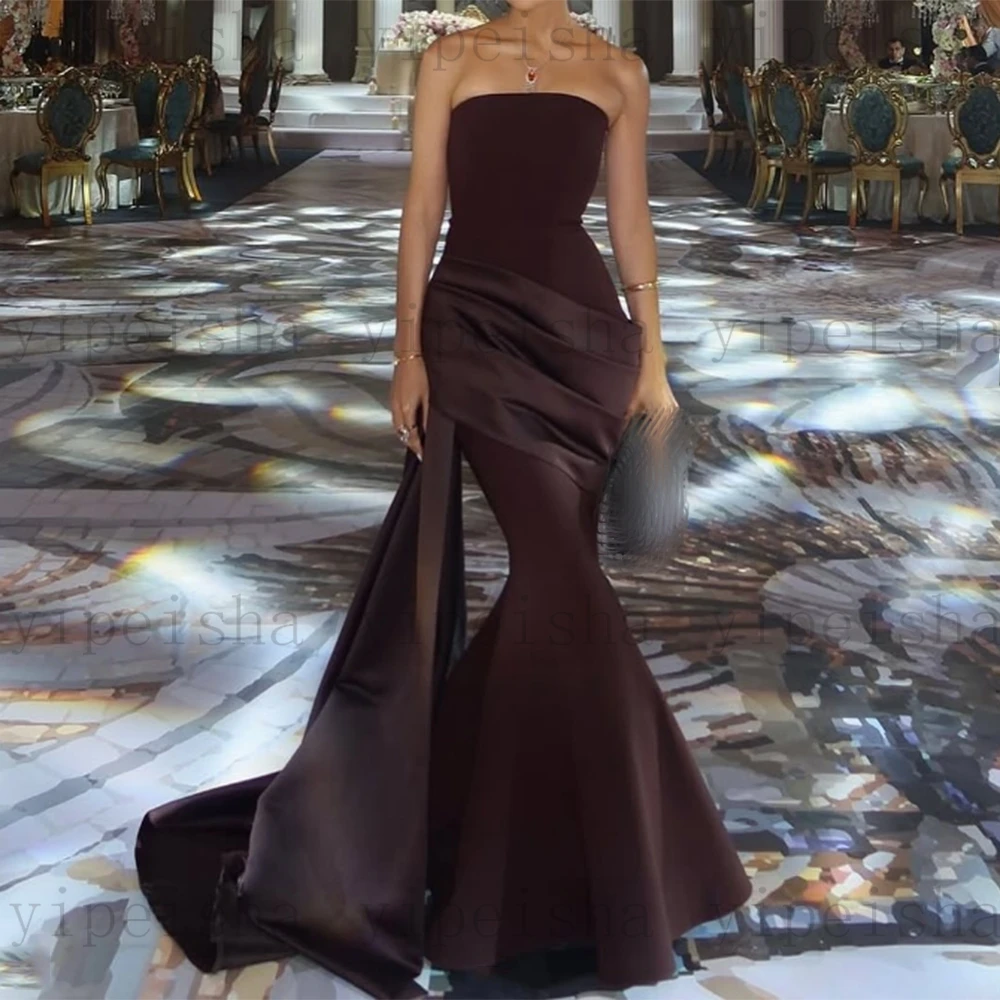 Customized Strapless Formal Evening Dresses Backless Pleat Floor-Length Satin Prom Gown Long Sleeveless mermaid Party Dress