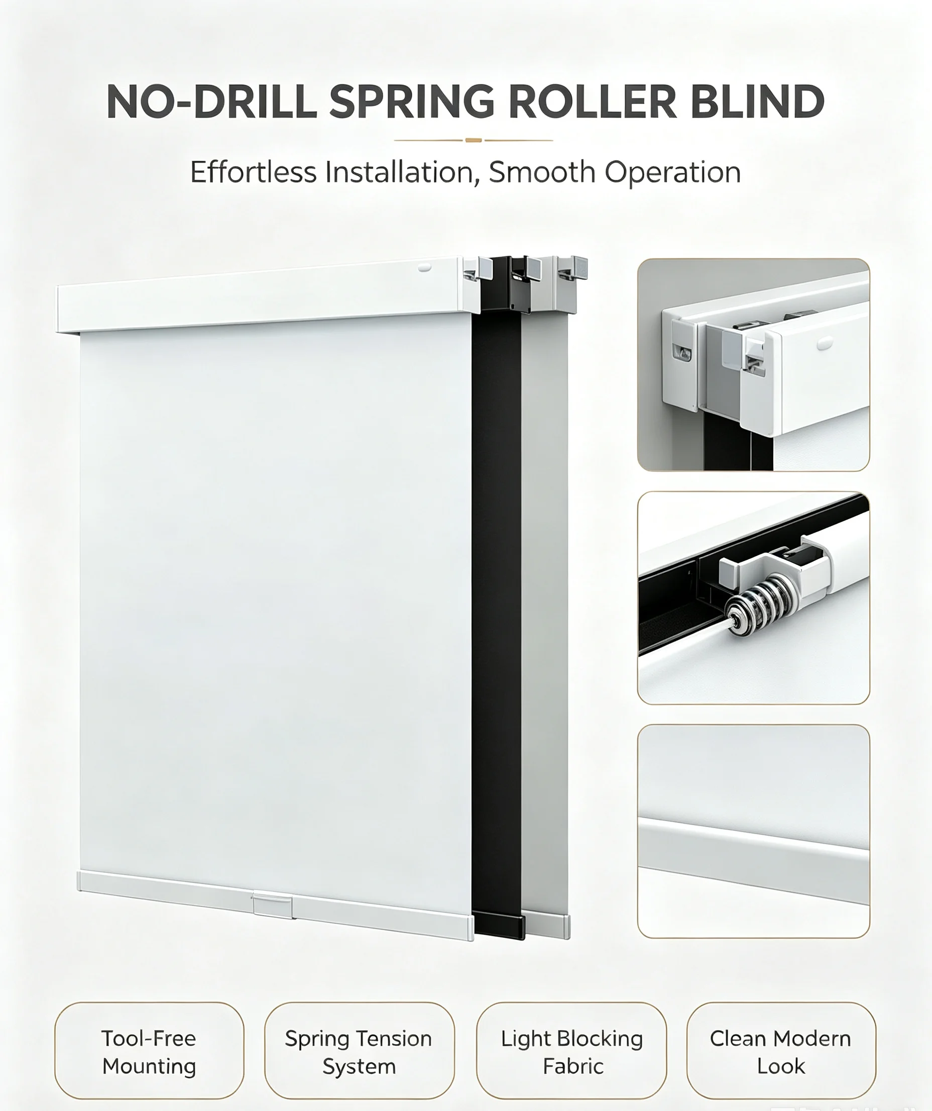 2026 Square Cover New Design No Drilling Aluminum Metal Frame Spring Control No Rope Pulling Roller Blinds For Windows