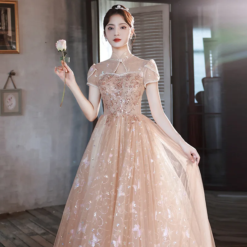 

Fashion Champagne Evening Dress for Women 2025 New Style Banquet Adult Host Art Exam Trendy High Waist Zipper Long Dress