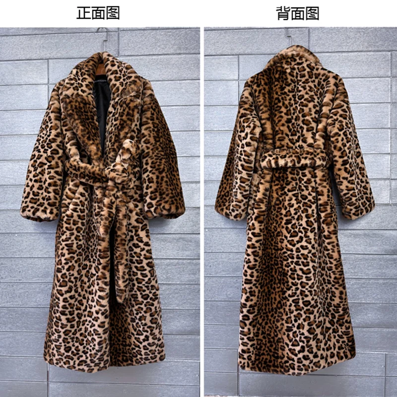 Original Design Female Leopard Print Faux Fur Coat Lady Lapel Long Jacket with Belted Streetwear Women\'s Winter Coats Promotion