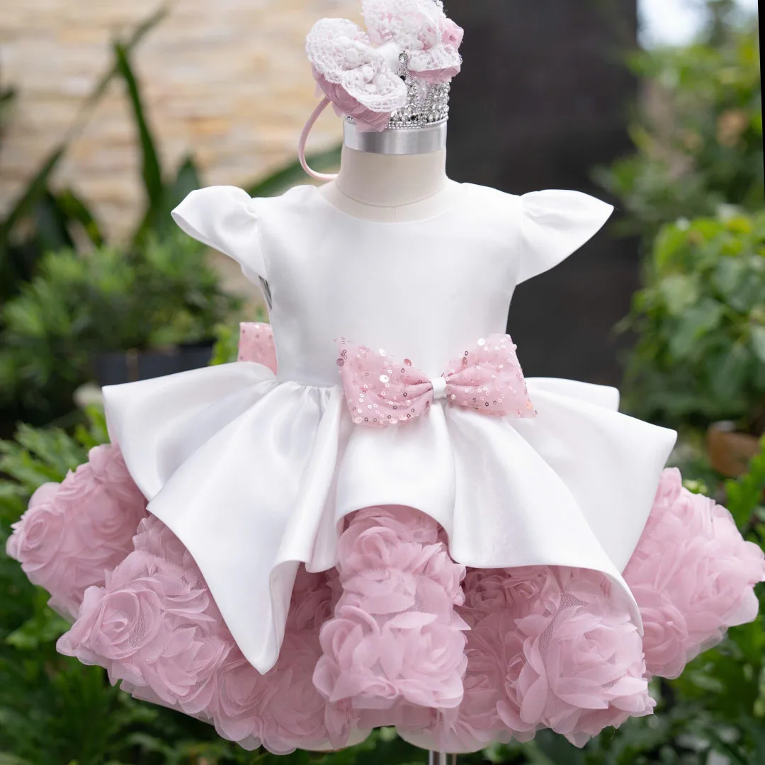 Customized Flower Girl Dress White Satin Pink Flowers With Sequin Bow For Wedding Birthday Prom Party Banquet Evening Ball Gown