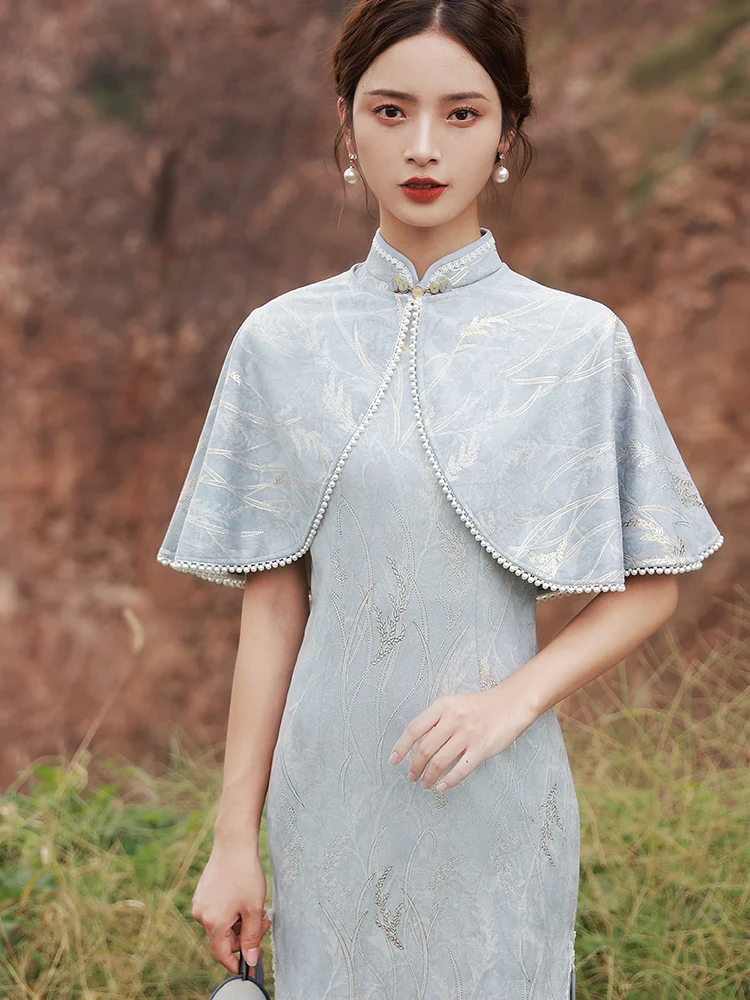 

Young Women's High-End Set Blue Retro awl Two-Piece Dr Daily Wear Long Sve High Slit Pure Color Faion