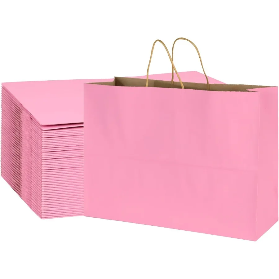 

70Pcs Pink Gift ags Lar 16x6x12 Inces Kraft Paper ags wit andles ulk Goodie ag Sopping ag for Grocery Merce