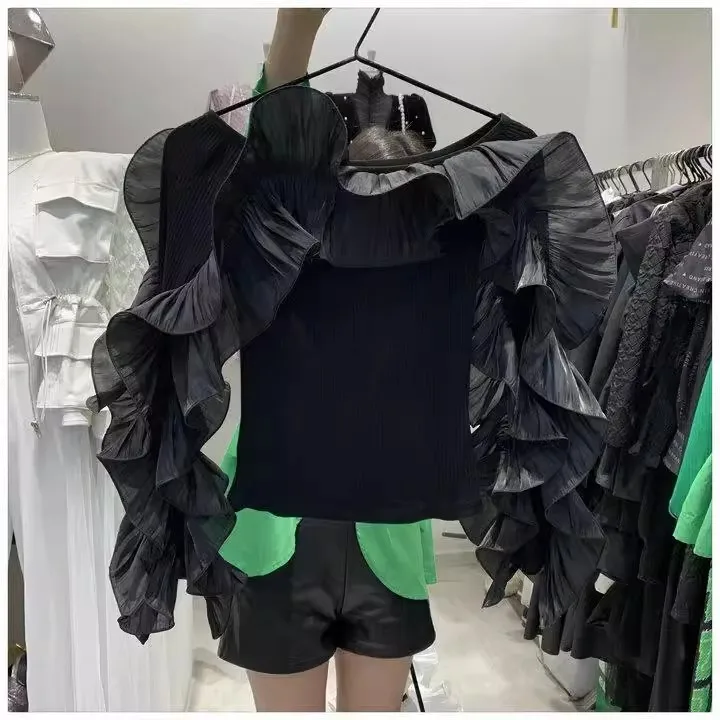 Korean Fashion Women White Slash Neck Ruffles Patchwork Blouse Sexy Cropped Top Elegant Female Black Slim T-Shirts Party Blouses