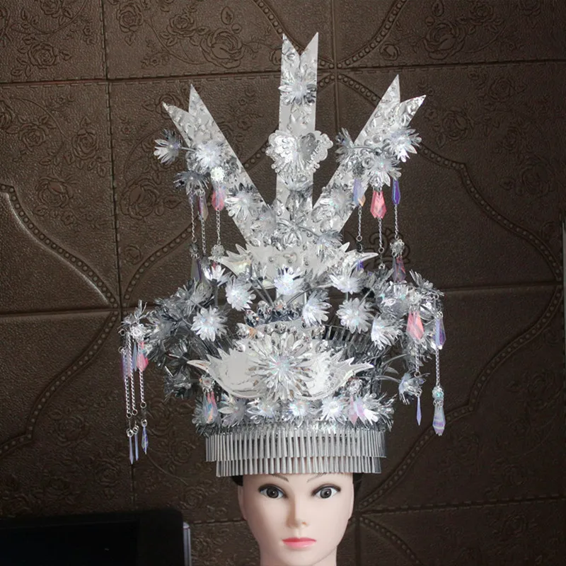 

Металлическая китайская серебряная шляпа Мяо для женщин, винтажный головной убор для фотосъемки в стиле ретро, головные уборы национальных меньшинств, праздничные шапки