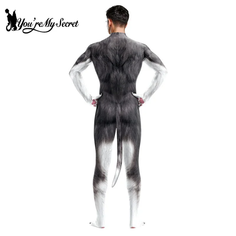 [คุณความลับของฉัน] ฮาโลวีน Furry คอสเพลย์เครื่องแต่งกาย Husky Dog ผู้ชายคอสเพลย์สัตว์หมาป่าพิมพ์ชุดบอดี้สูทสัตว์เลี้ยง Jumpsuit พร้อมหาง