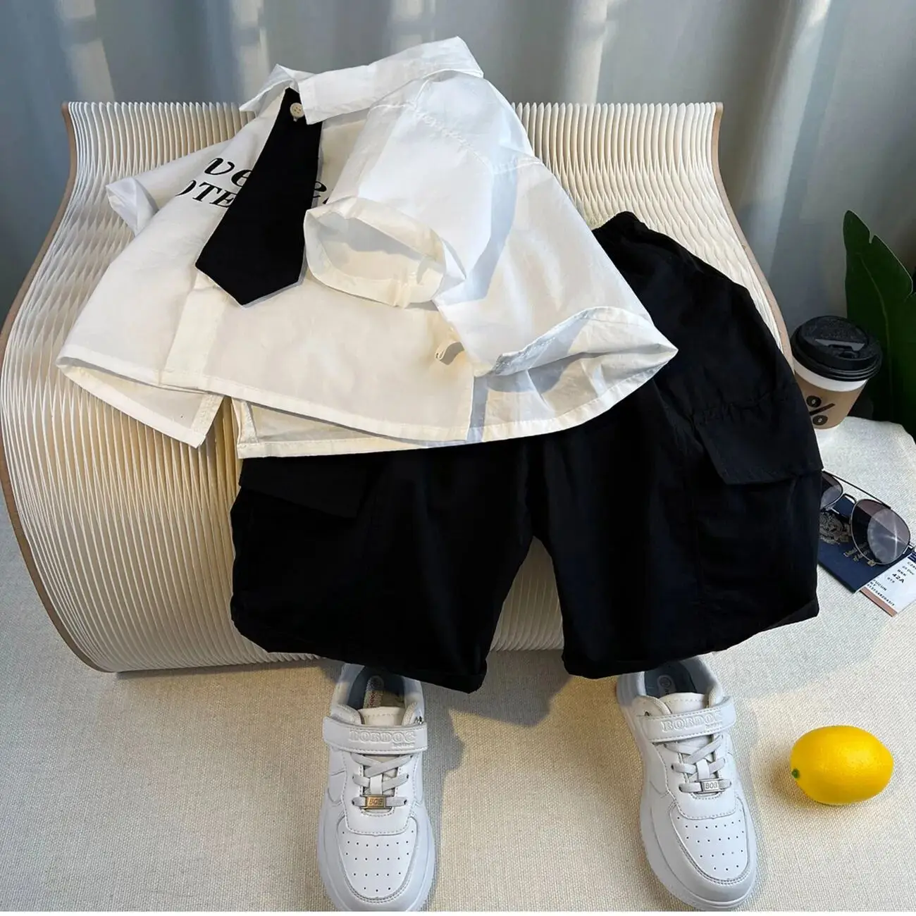

Boys' summer outfit fashionable new style children's short sleeved pure cotton shirt+pants 2-piece set