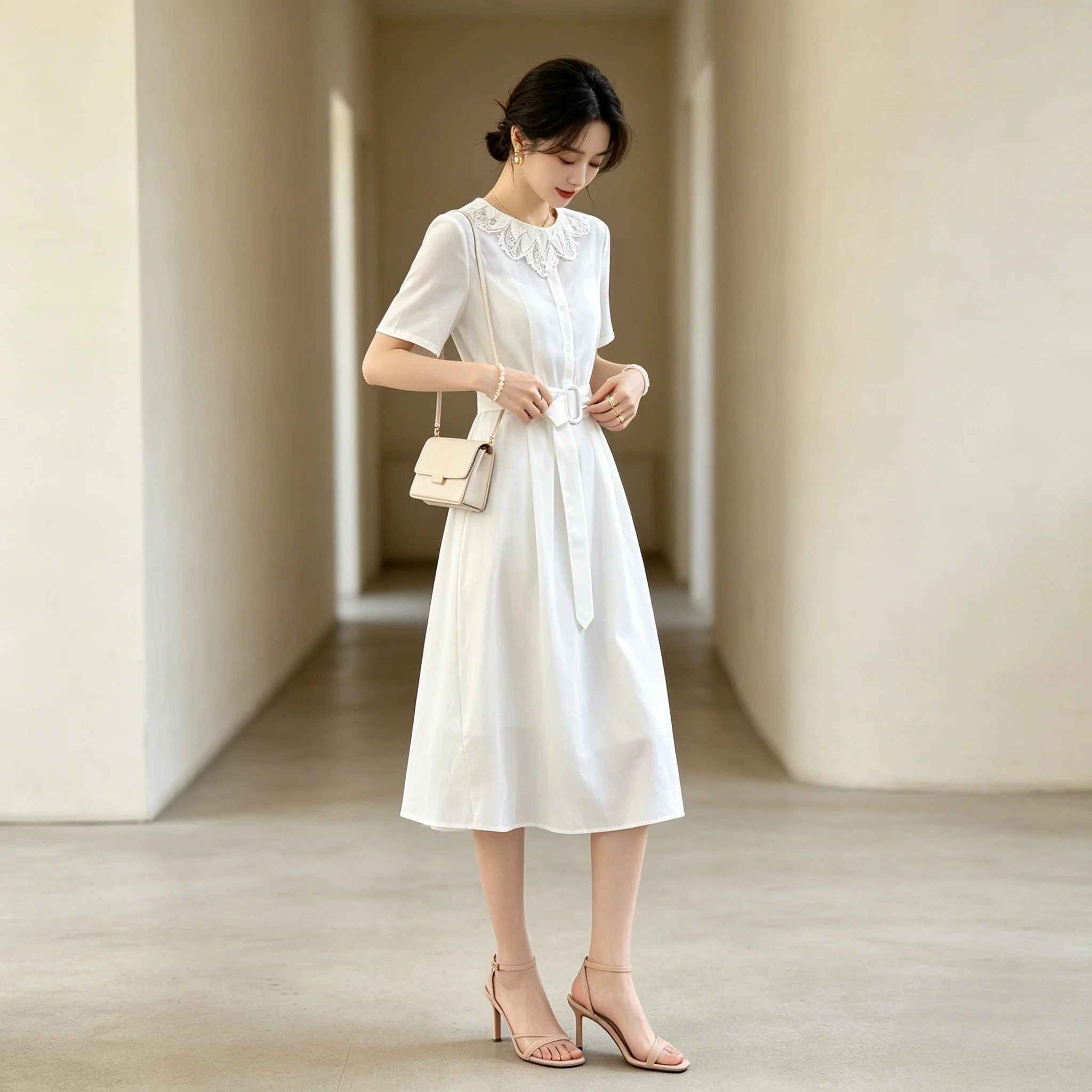 Women Summer Gentle Style Tie Waist Slim Fit Midi White Dress