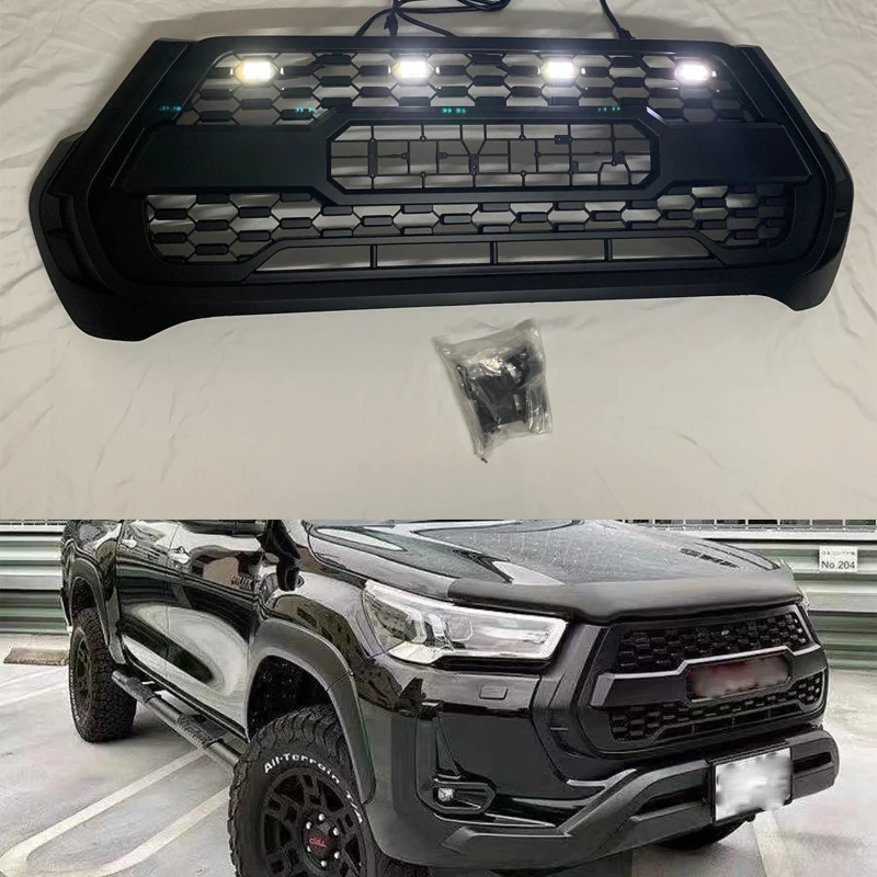 For Hilux REVO 2021 Modified Front Middle Racing Grille Honeycomb Amber LED Lights ABS Grills Grid Mesh Style Bumper Mask Cover