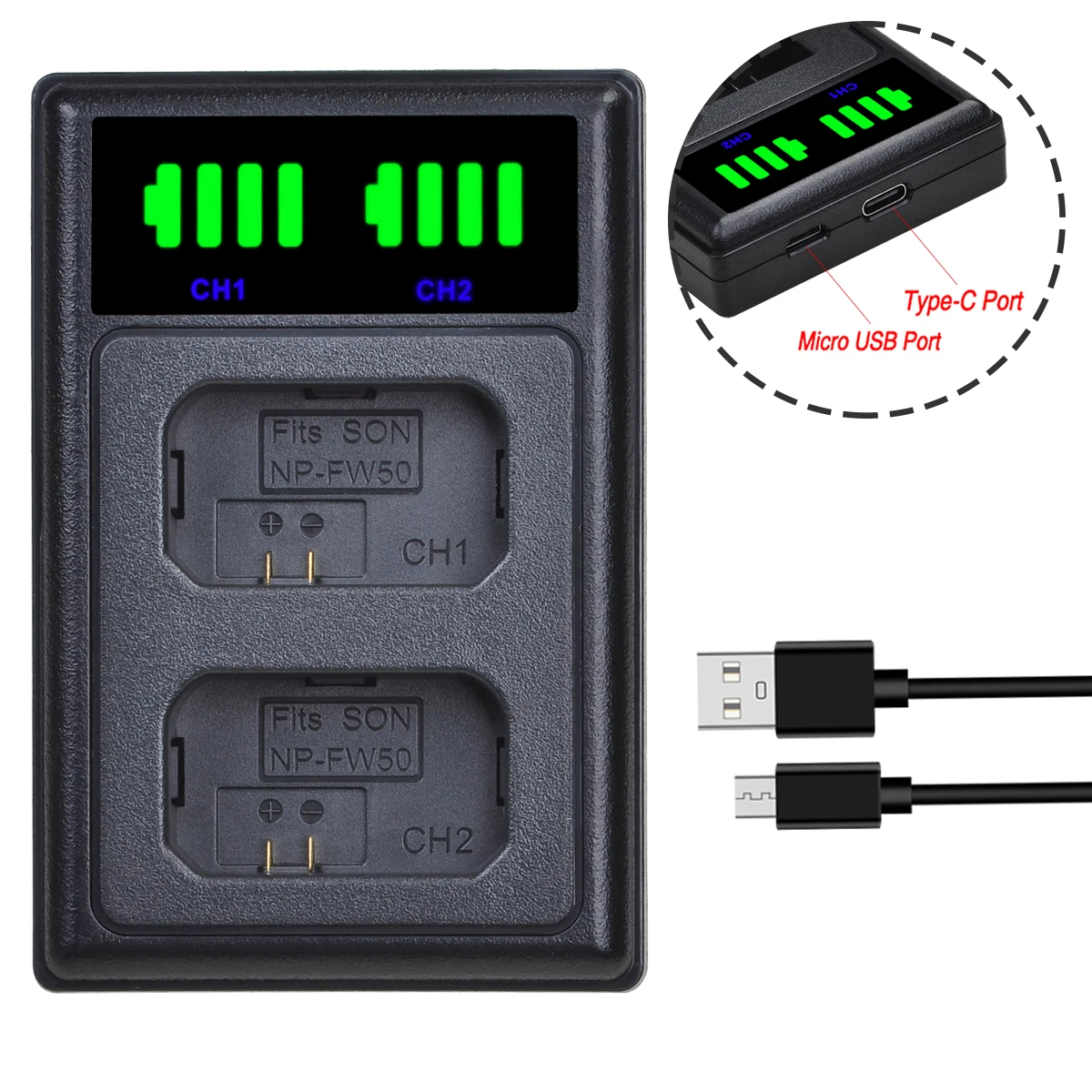 NP-FW50 NP-F550 NP-FZ100 NP-BX1 NP-W126 DMW-BMB9E EN-EL12 EL14 EL20 EN-EL23 LED Camera Battery Dual Charger with Type C Port