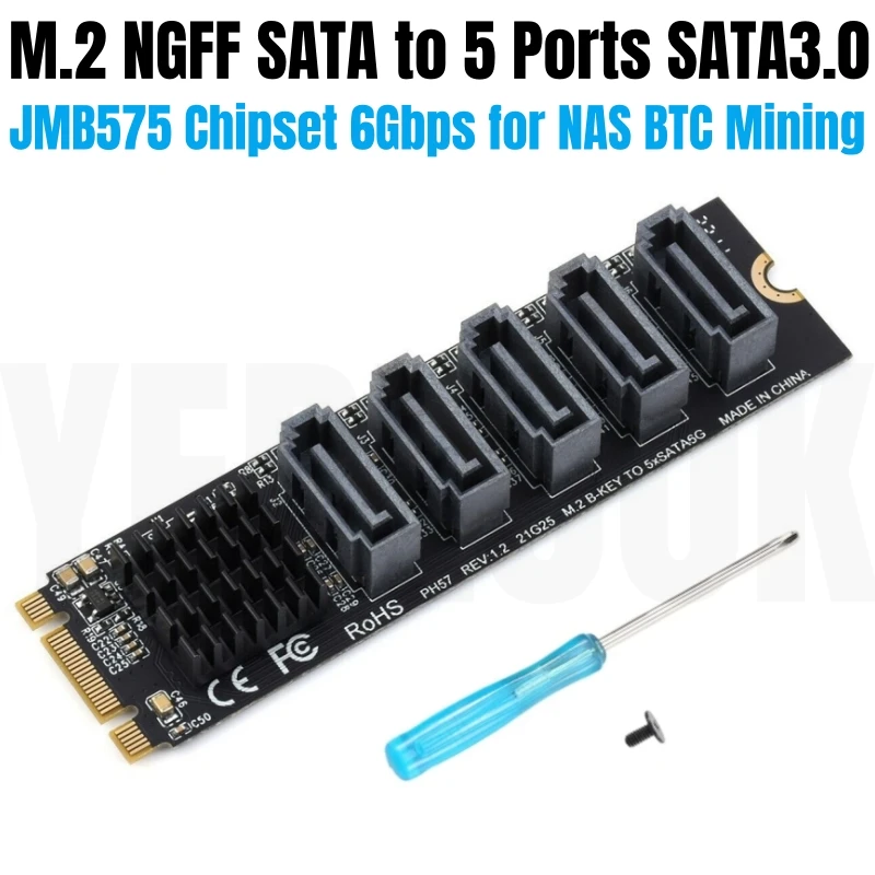 5 Ports SATA3.0 SATAIII 6Gbps M.2 NGFF B KEY Slot, SSD HDD Expansion Adapter Card JMB575 Chipset, 6 SATA3.0 Data Cable Optional