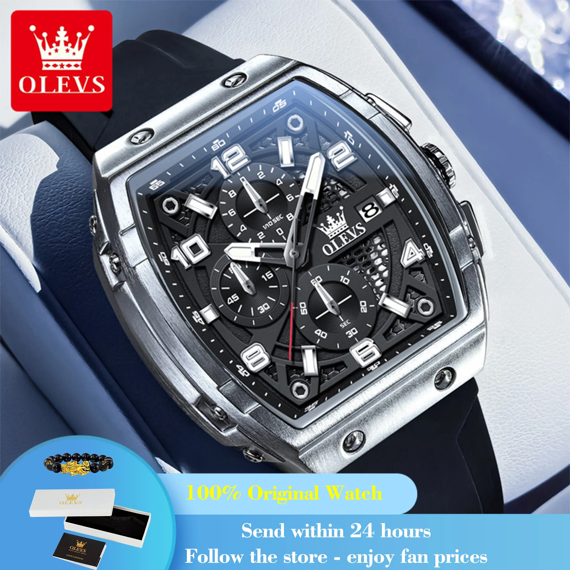 

OLEVS 2976 Quartz Watch Man Tonneau 50mm Big Dial Luminous Waterproof Watch For Men Chronograph Date Silicone Strap Wristwatch