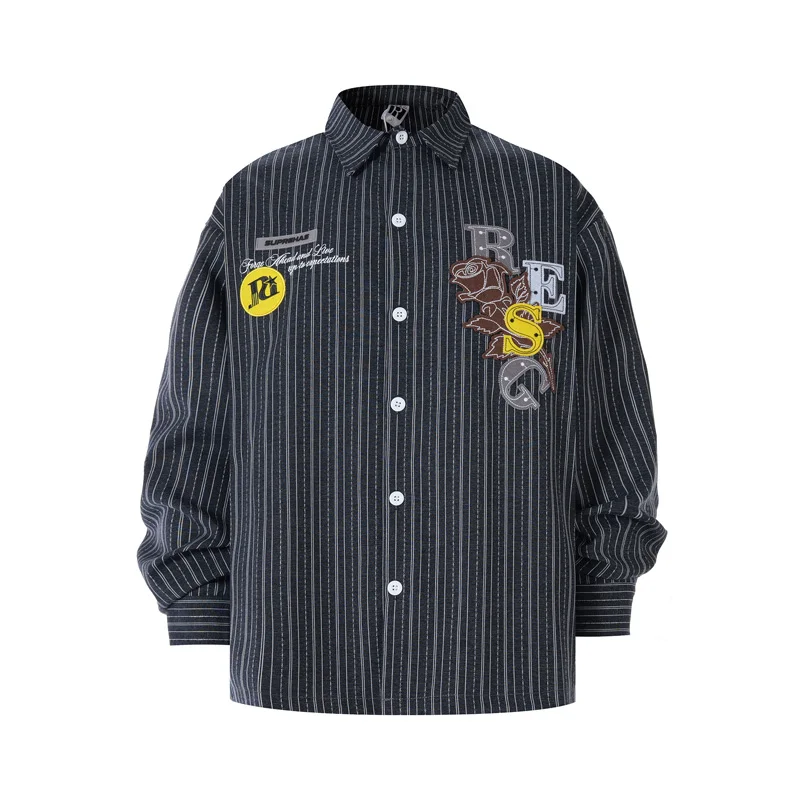 Vertical Striped Long Sleeve Shirt Rose Embroidery Patch Badge  Streetwear Loose Vintage Shirt Jacket Men Women Casual Blouse