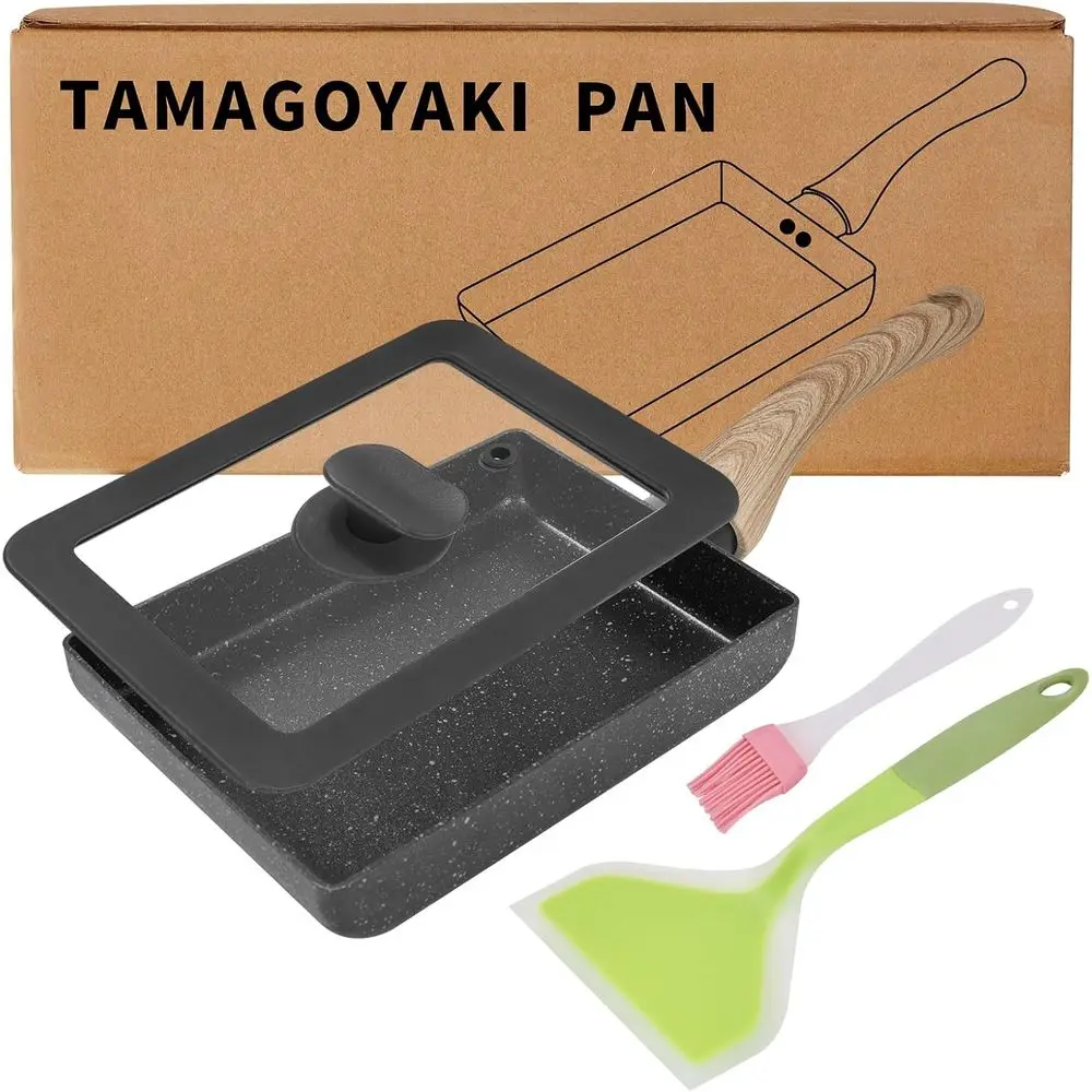 

Japanese Omelette Pan, Nonstick Tamagoyaki Egg Pan, Rectangle Small Frying Pan with Lid, Silicone Spatula & Brush