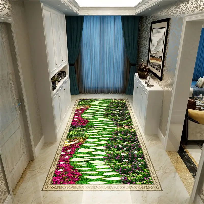 

3D Stream Path Corridor Hallway Runner Carpet Pastoral Living Room Area Rug Grass Lawn Flower Floral Bedroom Kitchen Floor Mat