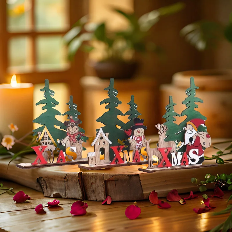 Decoração de natal diy blocos de quebra-cabeça de madeira idosos boneco de neve elk ornamentos crianças presentes dos desenhos animados natal 3d ornamentos de mesa