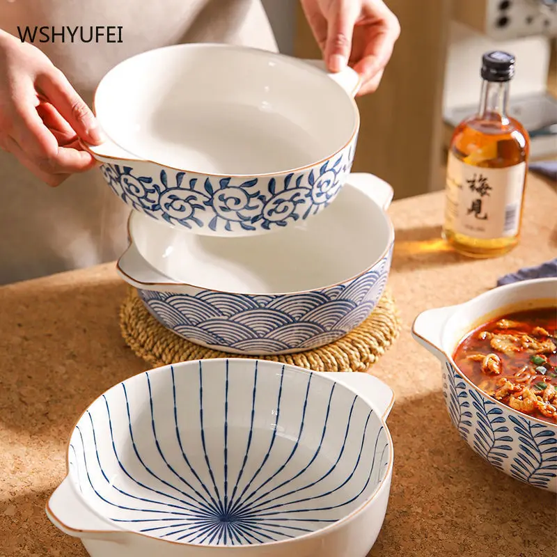 

WSHYUFEI Double Ear Soup Bowl Ceramic Household Large Soup Pot Single Japanese Tableware High-quality Salad Bowls Kitchenware