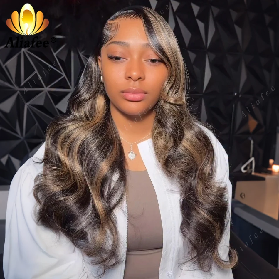 

Ash Brown Highlight Honey Blonde Shadow Root Big Wavy Wig 13x4 Transparent Lace Frontal Body Wave Thick Full Real Human Hair Wig