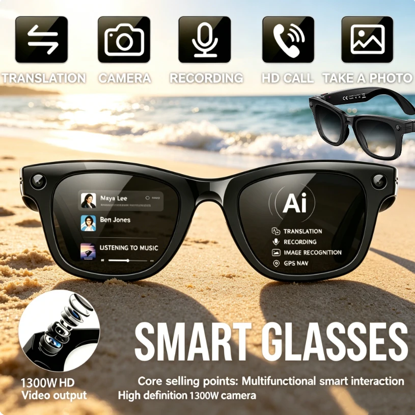 

2026AI Smart Glasses 1300W4K HD Camera ENC Dual Microphone Noise Reduction IP66 Waterproof AI Voice Assistant WIFI Smart Glasses