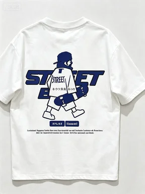 Vintage T-Shirt Skateboard Boy Silhouette Graphic 2026 Unisex Tee Back Blue Skater Figure Street Letter  Oversized Streetwear