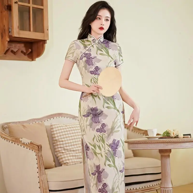 Long Qipao New Chinese Dresses Elegant Cheongsams Women Dress Sexy Print Floral Vestidos Silk Satin Qipaos Improved Gown