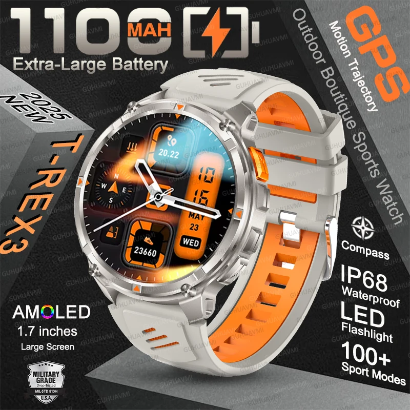 

2025 Military NEW 1100mAh Super Big Battery Men Compass Smart Watch 1.7-inch AMOLED Bluetooth Call IP68 Waterproof Sports Watch