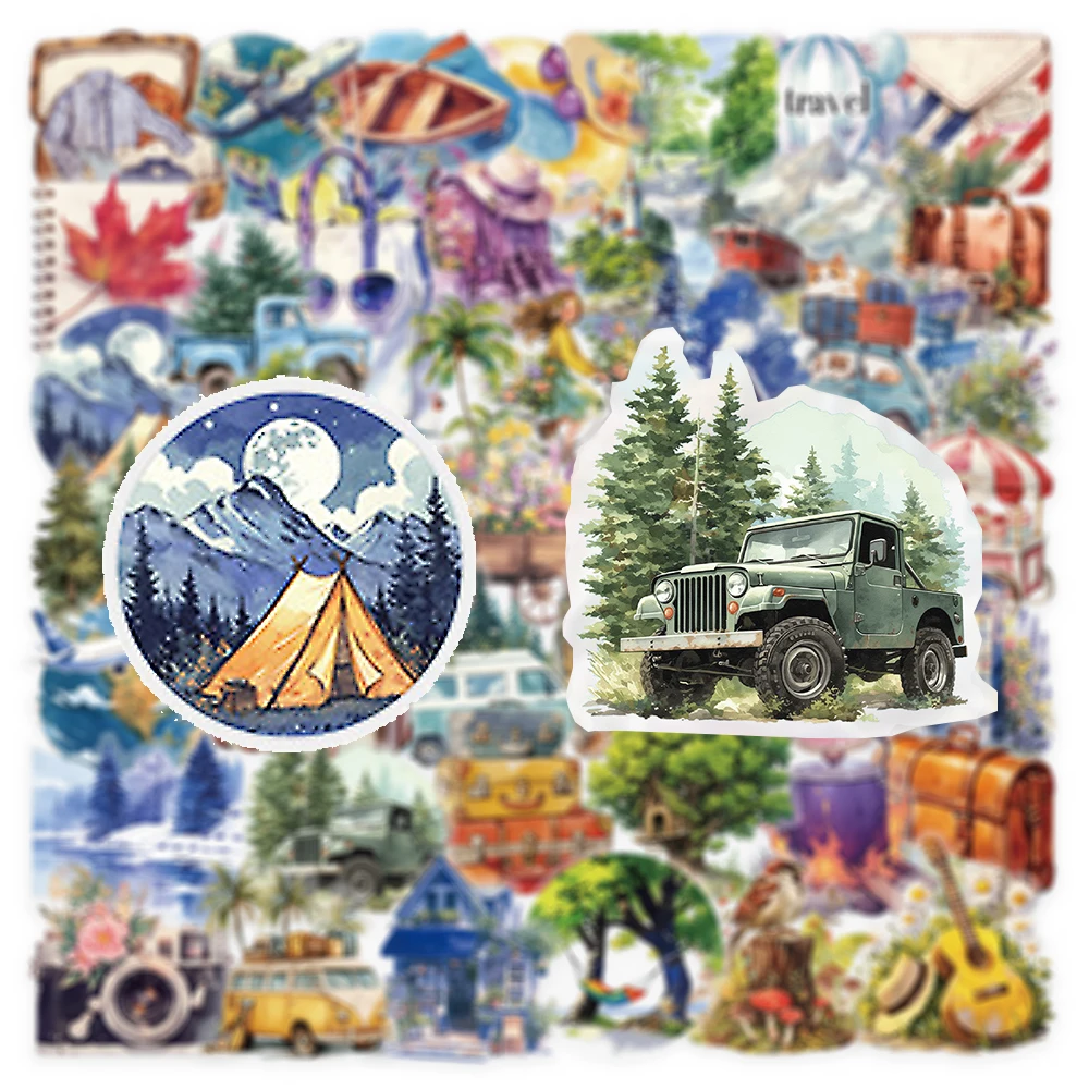 

10/30/50pcs Cartoon Watercolor Outdoor Travel Aesthetic Stickers Retro Transparent Decals for Phone Suitcase Guitar PET Sticker
