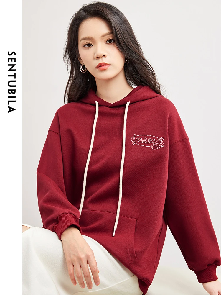 SENTUBILA Red Embroidery Casual Loose Woman Hoodies Pullover Drawstring Hooded Sweatshirt 2024 Spring Long Sleeve Tops W41A53564