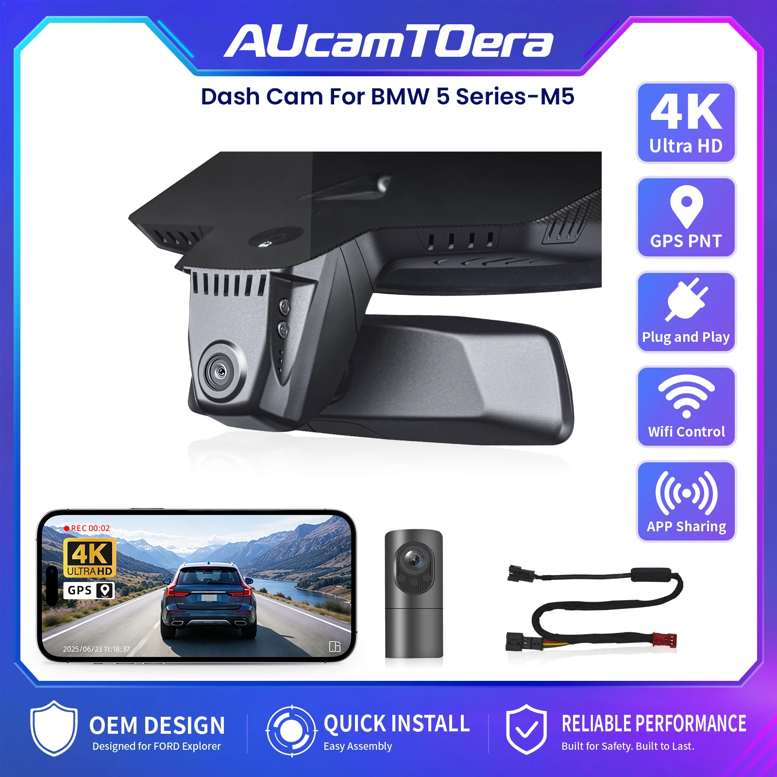 AUcamTOera WiFi & APP GPS 4K Dash Cam For BMW 5-Series Gen7 M5 F90/G30/G31/G38 & BMW 7-Series Gen6 G11/G12 Dash Car Camera