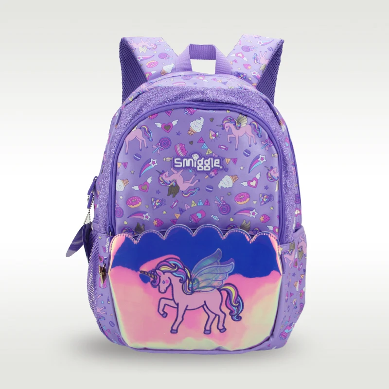 Australia smiggle children's schoolbag girls dazzling Purple unicorn shoulder backpack student supplies  16 inches