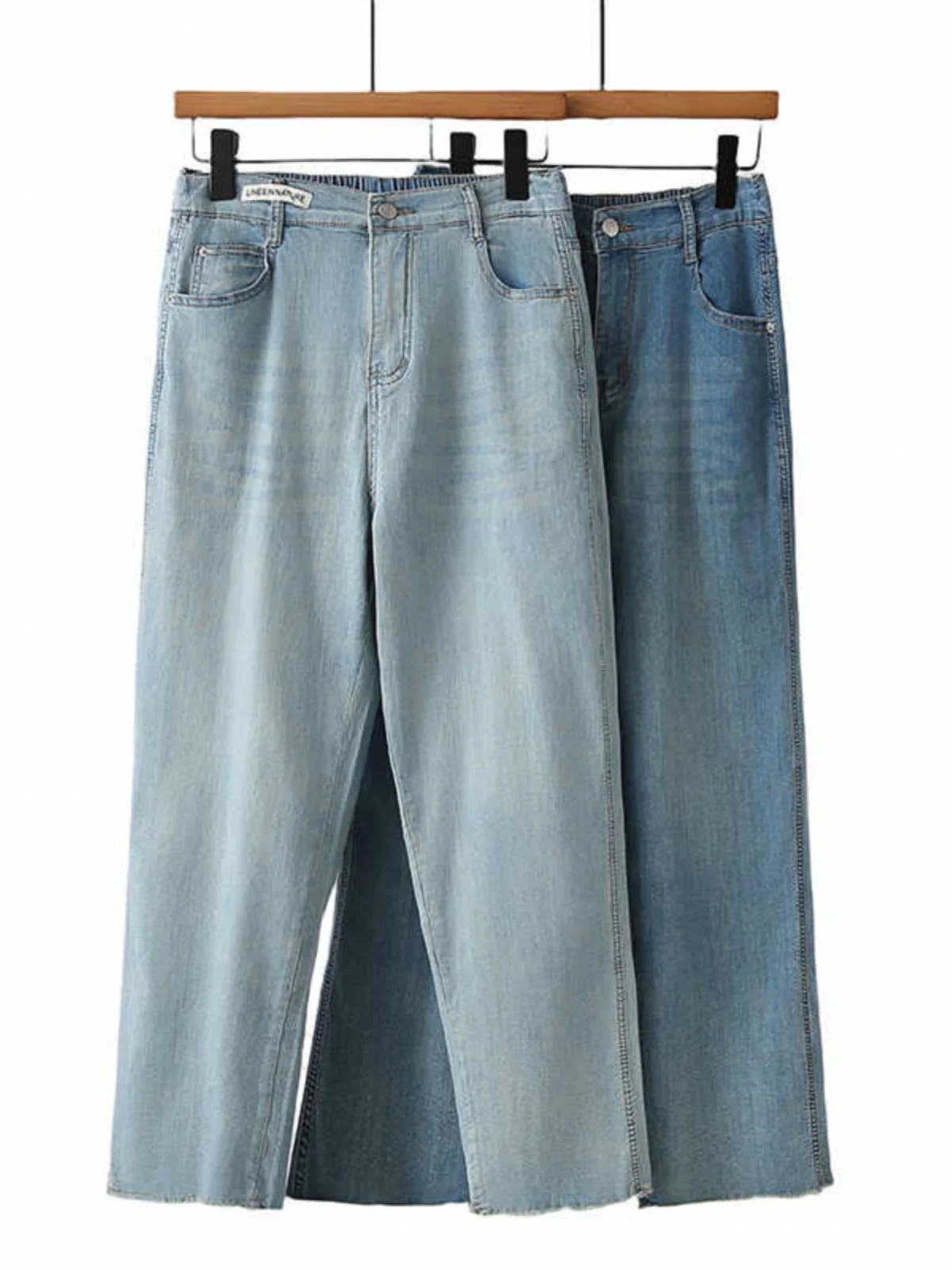 

plus Size Summer Blue Denim Jeans High Waist Straight Leg Elastic Frayed Nine Tube Pants Women's Fashion Design Sensation